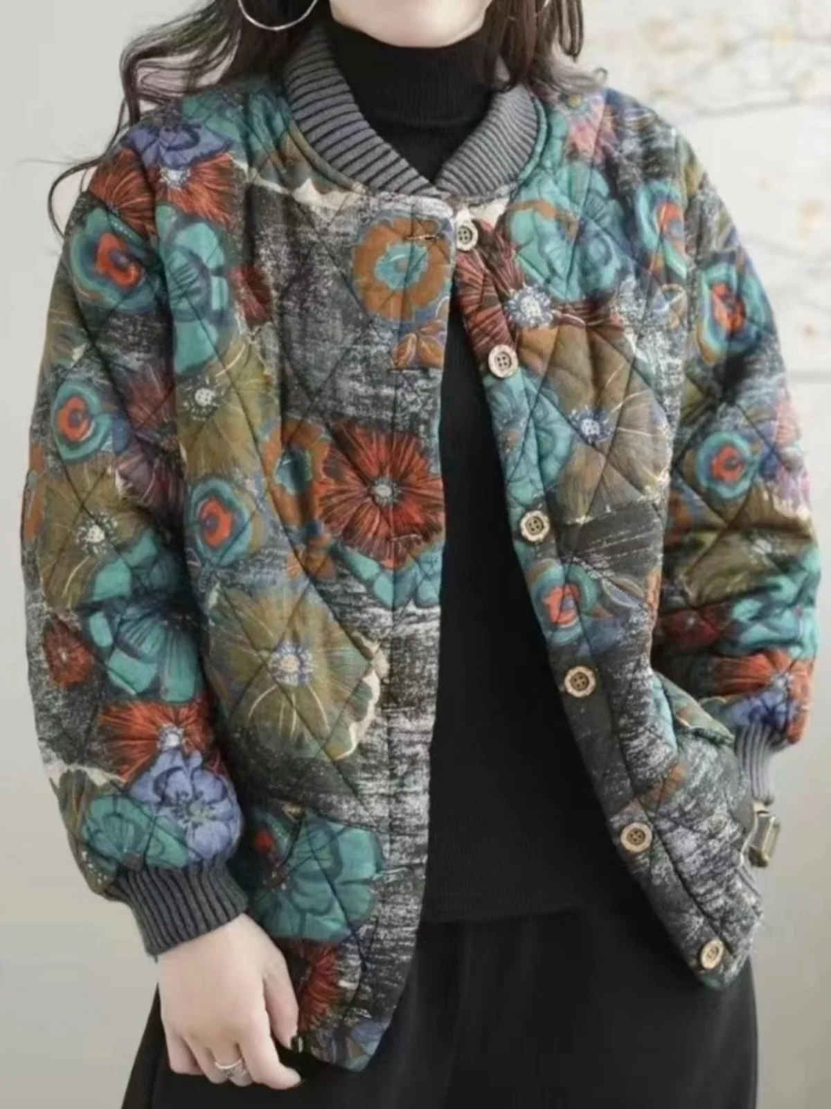 

Retro Print Lightweight down Cotton Jaet Women's Winter Loose Thiened Warm Baseball Coat Cotton Outerwear