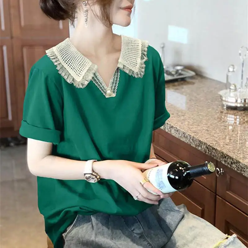 Stylish Lace Peter Pan Collar Patchwork T-shirt Casual Solid Color All-match Women\'s Short Sleeve Summer Hollow Out Pullovers