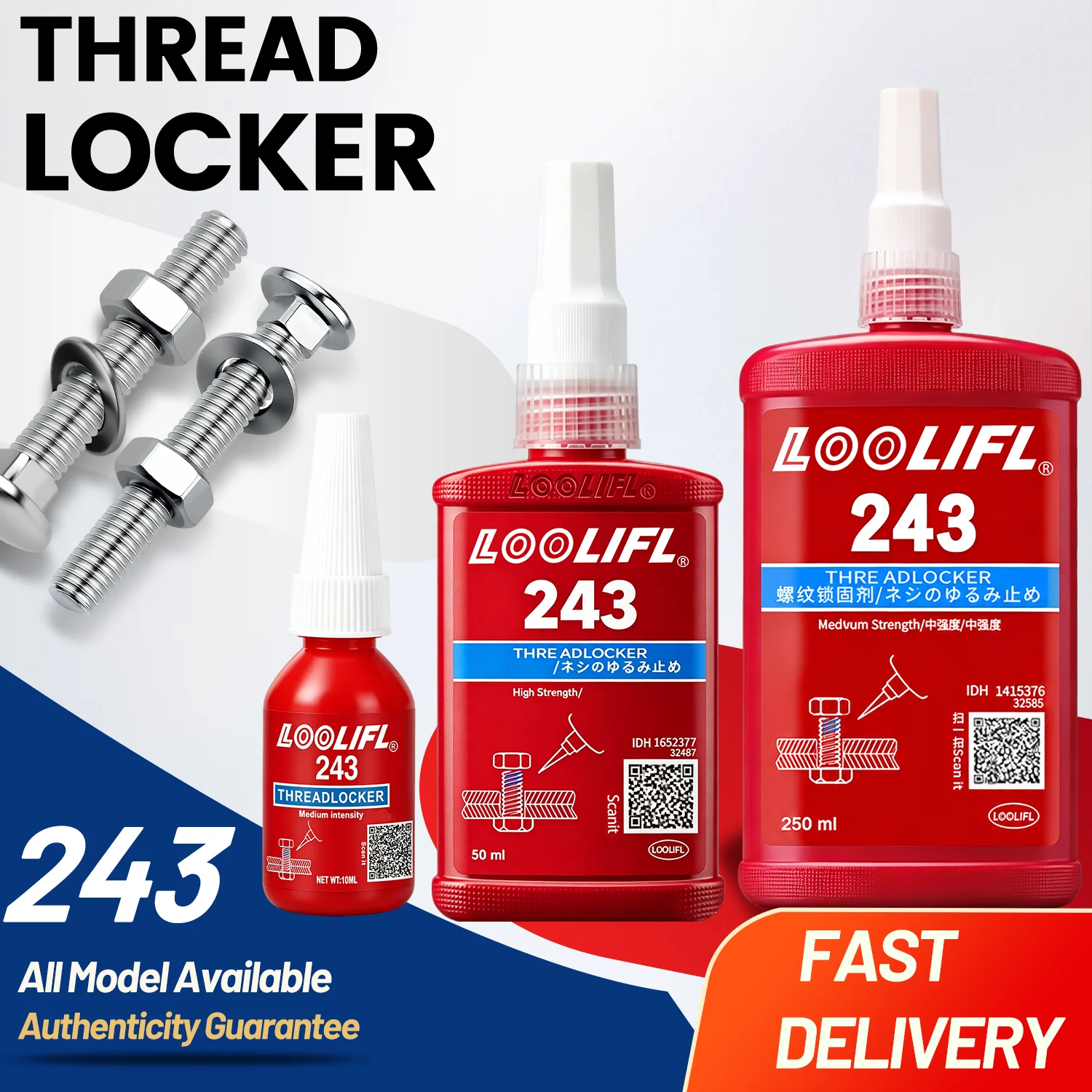 50ML 250ML LOOLIFL Blue Thread Locker 243 Nuts-Bolts Locker Screw Adhesive Lock Tight Seal Fasteners Anaerobic Curing Metal Glue