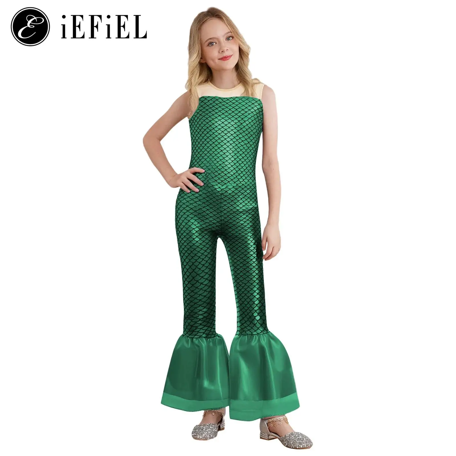 

Girls Halloween Mermaid Cosplay Costume Sleeveless Fish Scales Print Flared Mermaid Jumpsuit Halloween Party Carnival Dress Up