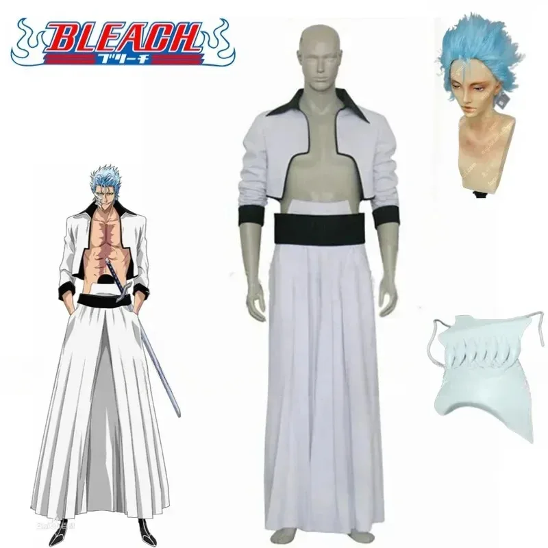 Аниме Bleach Grimmjow Jaegerjaques Косплей Костюм Синий Парик Белая Куртка Экипировка Маска Униформа Тысячалетняя Кровавая Война