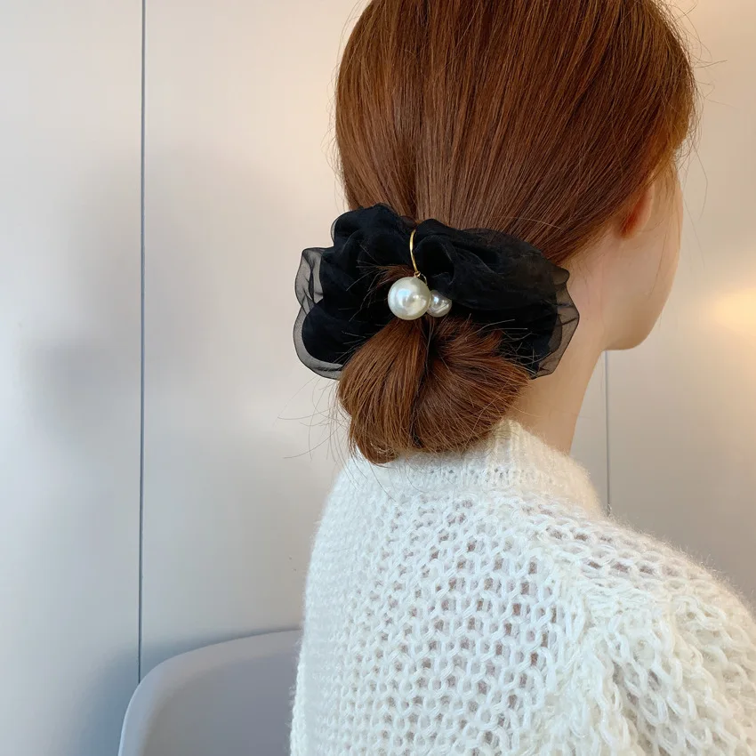 

Hot Selling Pearl Chiffon Scrunchies French Style High Stretch Hair Ties for Women High Low Ponytail Bun Holder Vintage