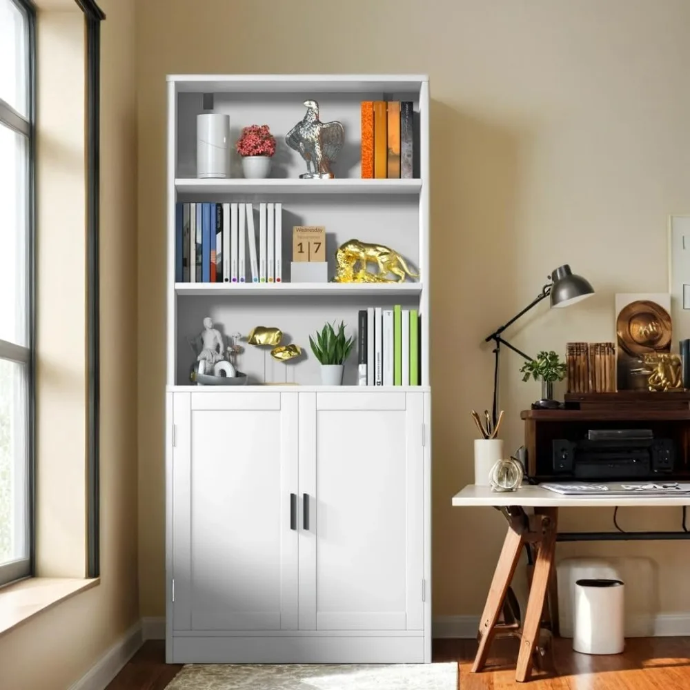 Большой 5-уровневый деревянный книжный шкаф с дверцами и шкафом для гостиной, офиса, библиотечной витрины