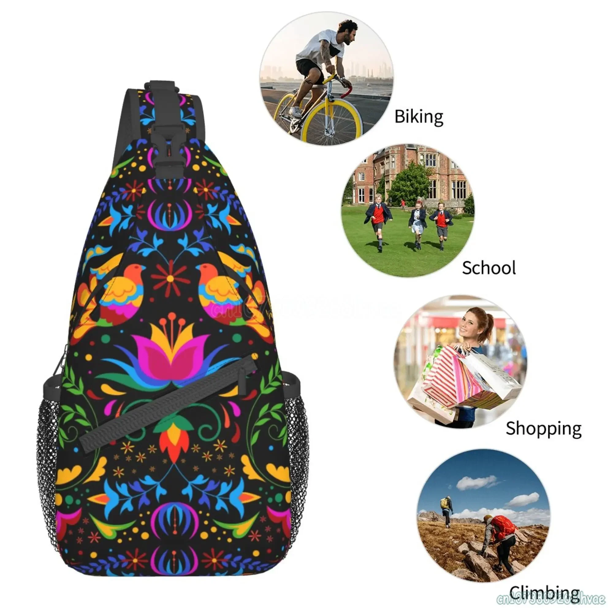 Meksykańskie kwiaty Otomi drukowany obraz torby Crossbody Unisex casualowa torba noszona na klatce piersiowej kobiet sport podróżniczy plecak turystyczny plecak na ramię mody