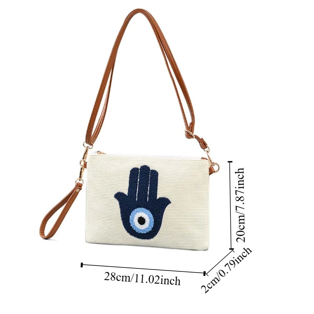 Embroidered Demon Eye Crossbody Bag Detachable Shoulder Strap PU Rope Blue Eye Handbag Soft Palm Pattern Cotton Shoulder Bag