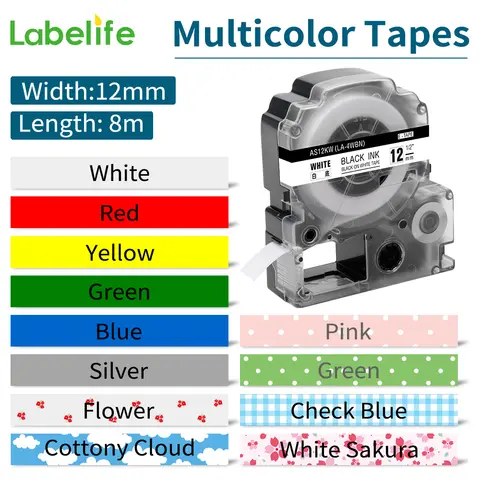 Fita de etiqueta compatível com Labelife para EPSON, SS12KW, LC-4WBN, LW-300, LW-400, LW-600P, LW-700, ST12KW, SC12KZ, SM12ZW, 12mm
