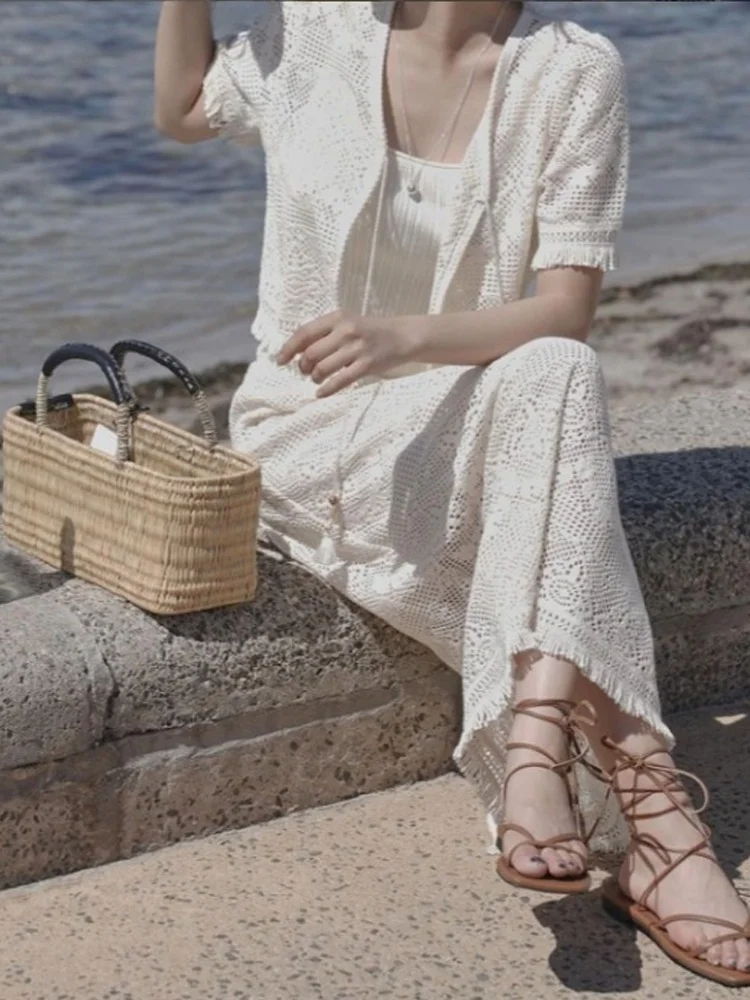 

Salt Series Two-Piece Set Women's Korean Design Lace Hollow out Belted Top High Waist Midi Skirt Faion Ensemble