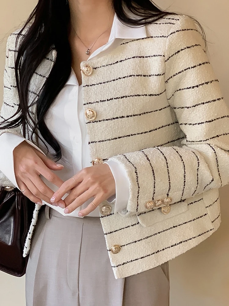 

Faionable ort Coat Women's Korean Sle round Ne Single Button Loose Tweed Outerwear Top Autumn Season Striped Pattern