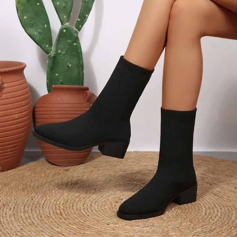 2026 Neue Einfarbige Damen-Strickstiefel bis zur Wadenmitte, Modische Stiefel mit Quadratischem Absatz, Elastische Stiefel für Herbst, Outdoor, Slip-on, Partyschuhe, Größe 43 – Detail 21