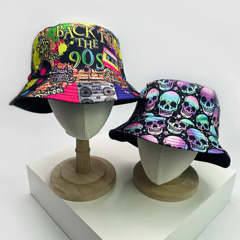 Summer Vintage 80 90 Party Graffiti Bucket Hat Men Women Reversible Panama European  American Classics Bob Fishing Beach Sun Hat