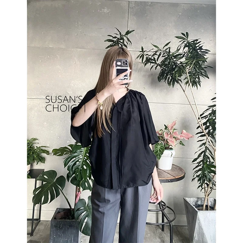 

Susan Fashionable Casual Loose Silk Shirt with Fly Sleeve And Lace Hem Two Color Simple Design Women's Premium Quality Top
