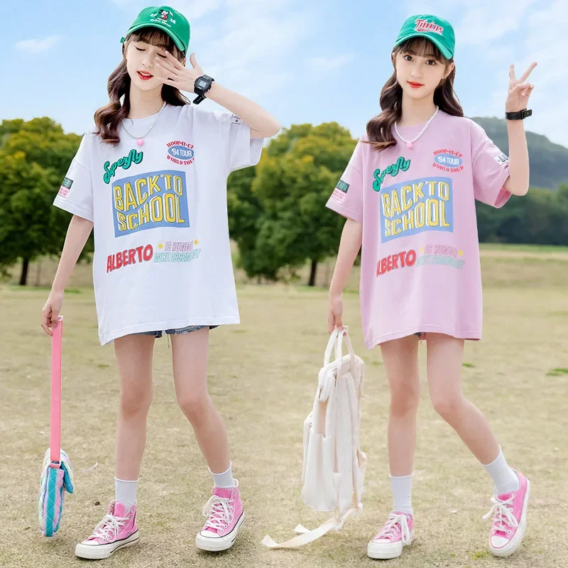 

Korean Summer Junior Girl Short Sleeve Tops Children Girl Loose Tees School Girl Alphabet Cotton Sportswear Kids T-shirt