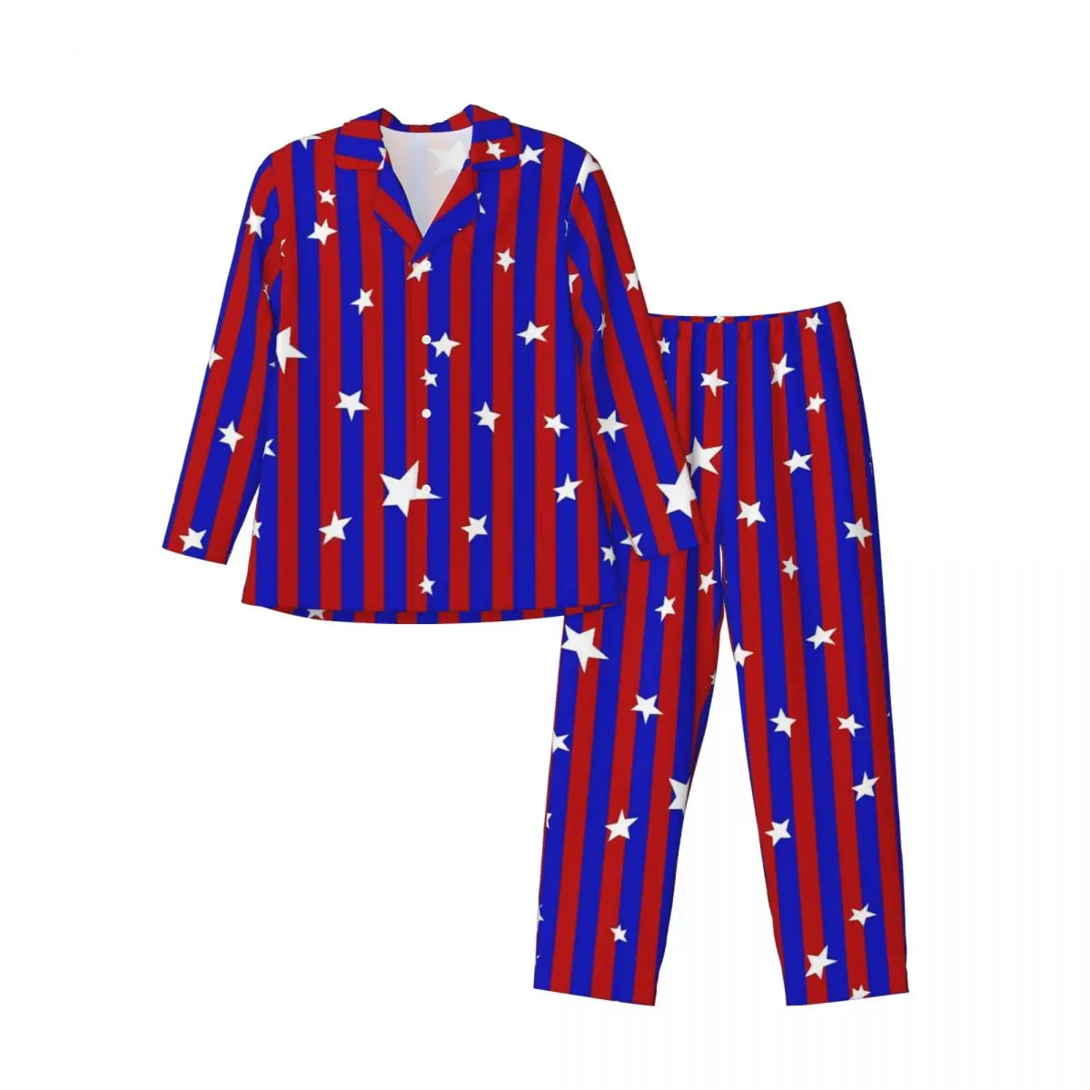 Stars And Striped Pajamas Men Red And Blue Lovely Leisure Sleepwear Autumn 2 Pieces Casual Oversize Design Pajama Set