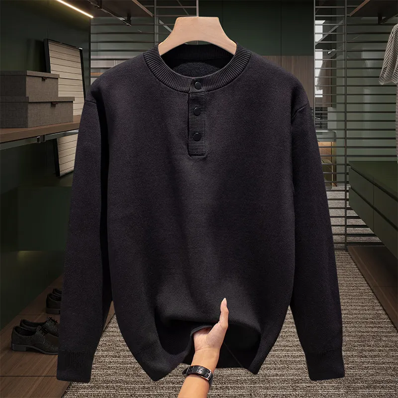 

Мужской утепленный свитер из чистого хлопка с круглым вырезом и воротником-хенли, простой повседневный стиль, теплый и дышащий, для осени и весны.