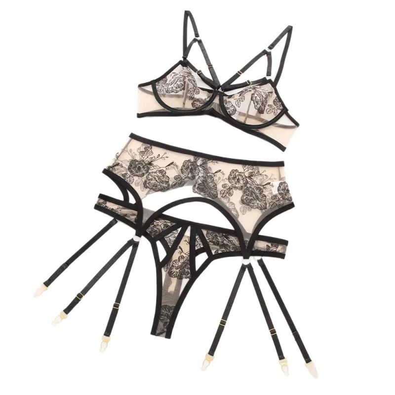 

Бикини, сексуальное женское белье, сексуальный черный сетчатый принт, трехточечный сексуальный комплект из трех предметов