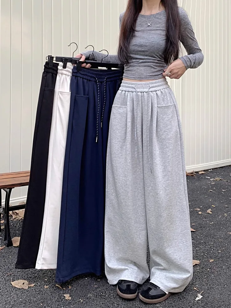New Autumn Women Sweatpants High Waist Drawstring Wide Leg Trousers Loose Casual Pocket Long Pants Soft Elastic Joggers Female S