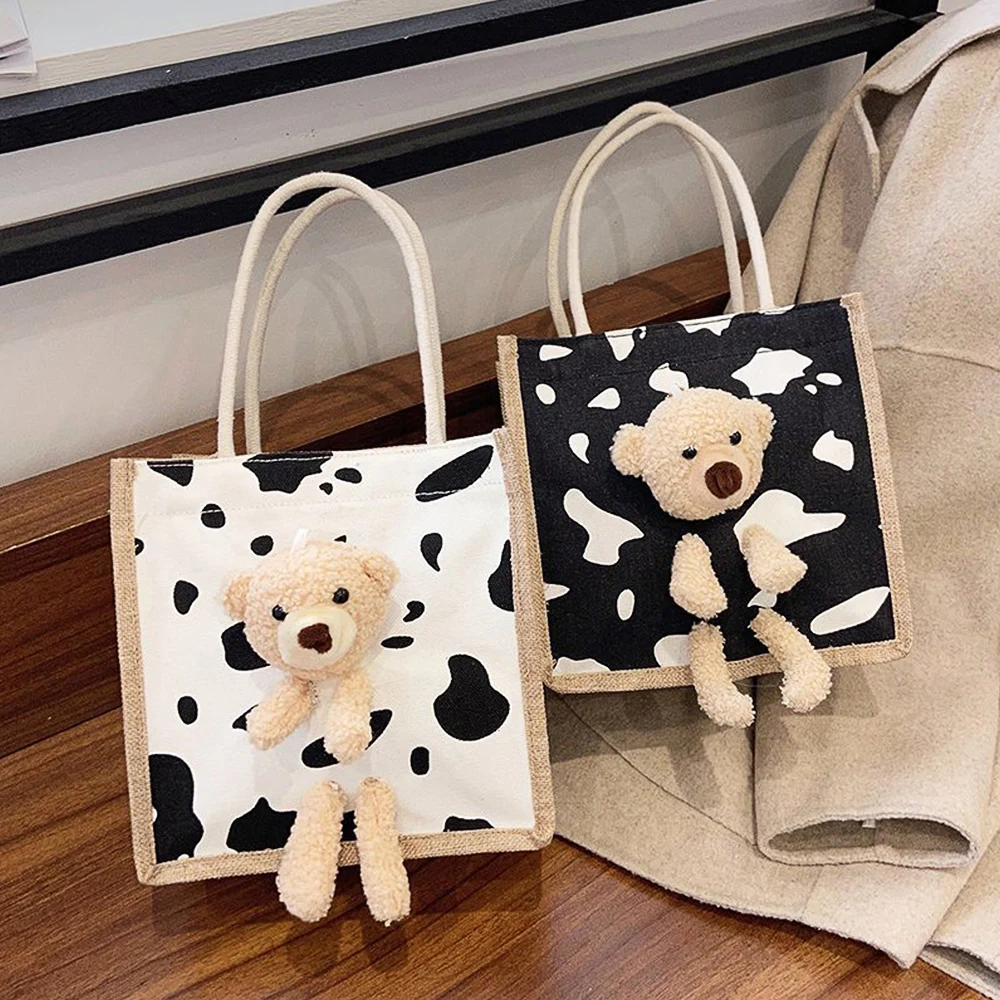 Cute Bear Tote Bag Canvas Girls Bag Student Coin Purse Gift Bag Simple Fashion Canvas Bag Canvas Bag Hand Shopping Tote Bag-ll