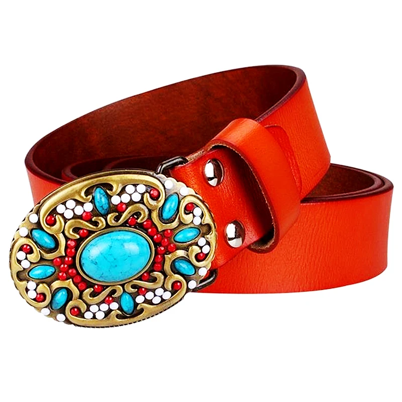 

Fashiong Women Belt Turquoise Bead Decorate Buckle Jeans Gem Cowskin Leather Belts For Lady Girl Gift Waistband