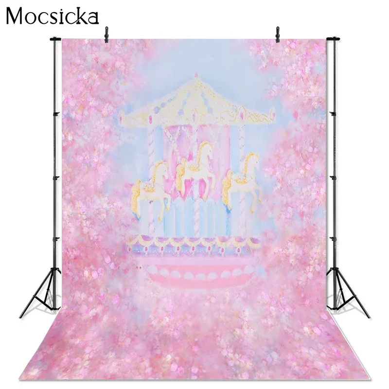 

Custom Vinyl Photography Background Cartoon Carousel Pink Flower Newborn Birthday Children Backdrops for Photo Studio ZH-239