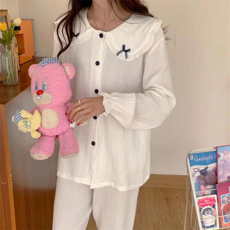 Women Cotton Crepe Simple Pajamas Long Sleeve Trousers Household Clothes Casual Simple Bowknot Pyjama Pour Femme Pijama Mujer