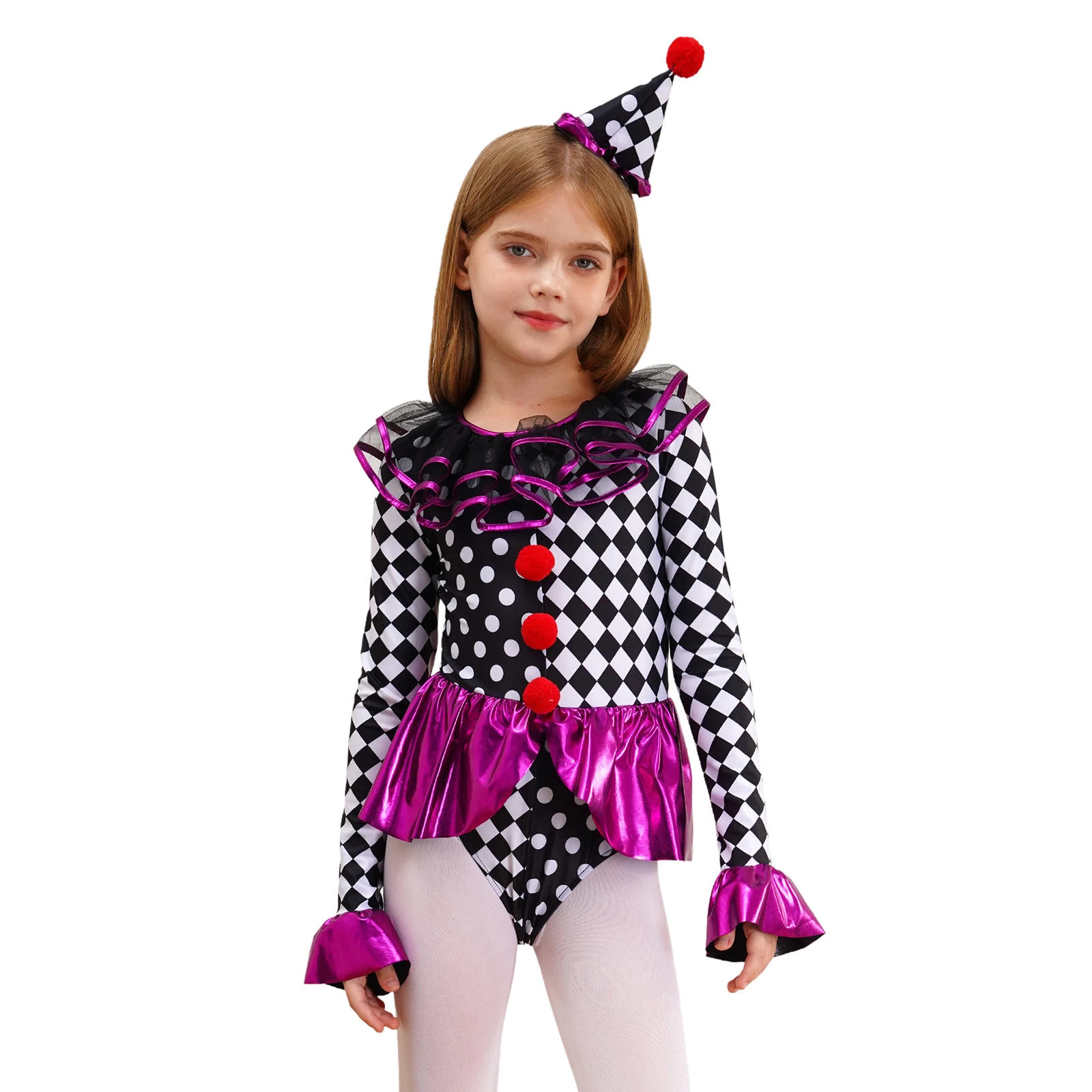 Kids Girls Halloween Circus Clown Cosplay Costume Long Sleeve Checkerboard Print Pom Pom Jumpsuit for Carnival Fancy Theme Party