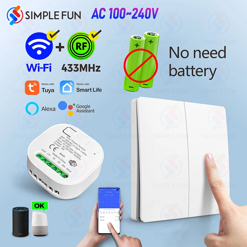 Tuya WiFi 433 MHz Smart Licht Schalter Drahtlose Panel Kinetische Schalter Keine Batterie Erforderlich 110 V ~ 230 V Timing relais Alexa Google Hause