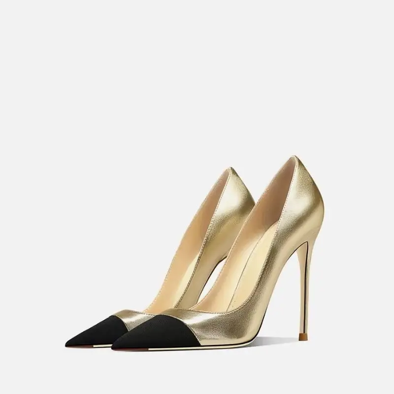 New Style Gold High Heels Women's Pointed Fine Heels Small Fragrant Style Color blocked Sexy Banquet High Heels