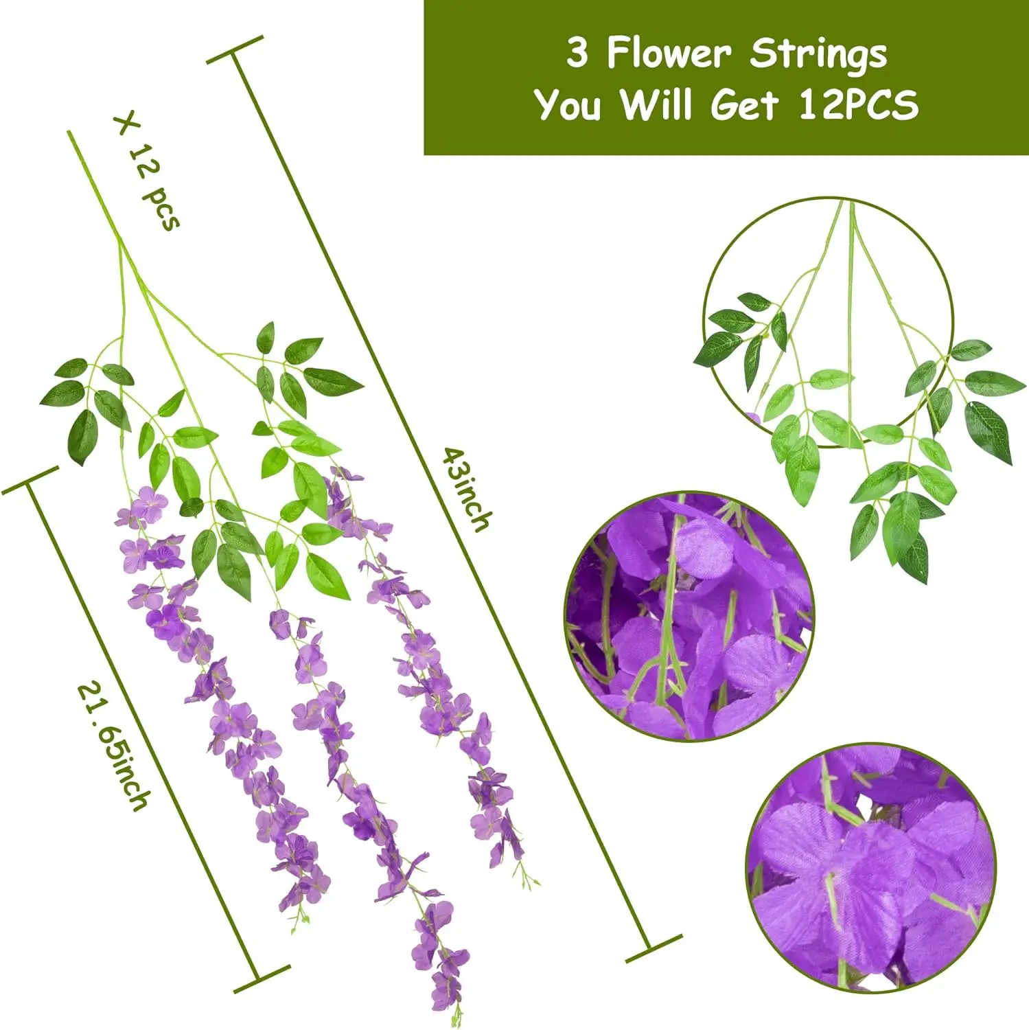 12 Pack Artificial Wisteria Hanging Flowers, Fake Silk Flower String for Wedding, Party, Wall Backdrop Decor (Purple)