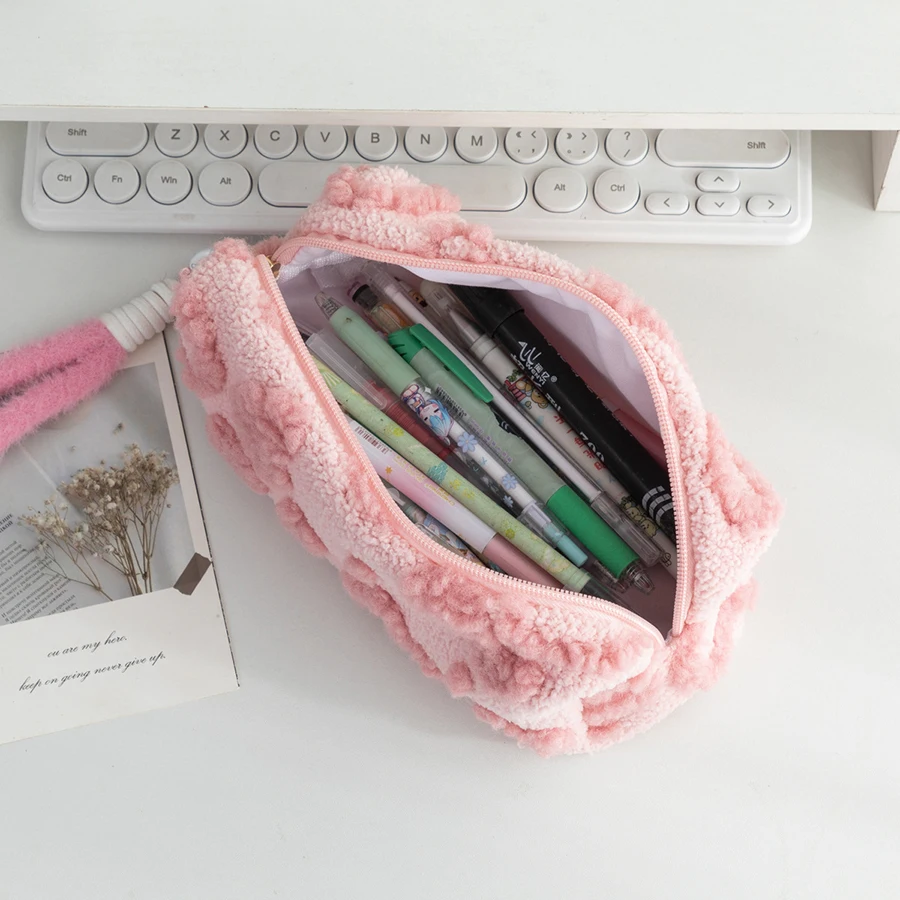 1pcs Cute Plush Makeup Bags For Women Pink Red Color Heart Cosmetic Bags With Lanyard Girl Large Capacity Travel Organizer