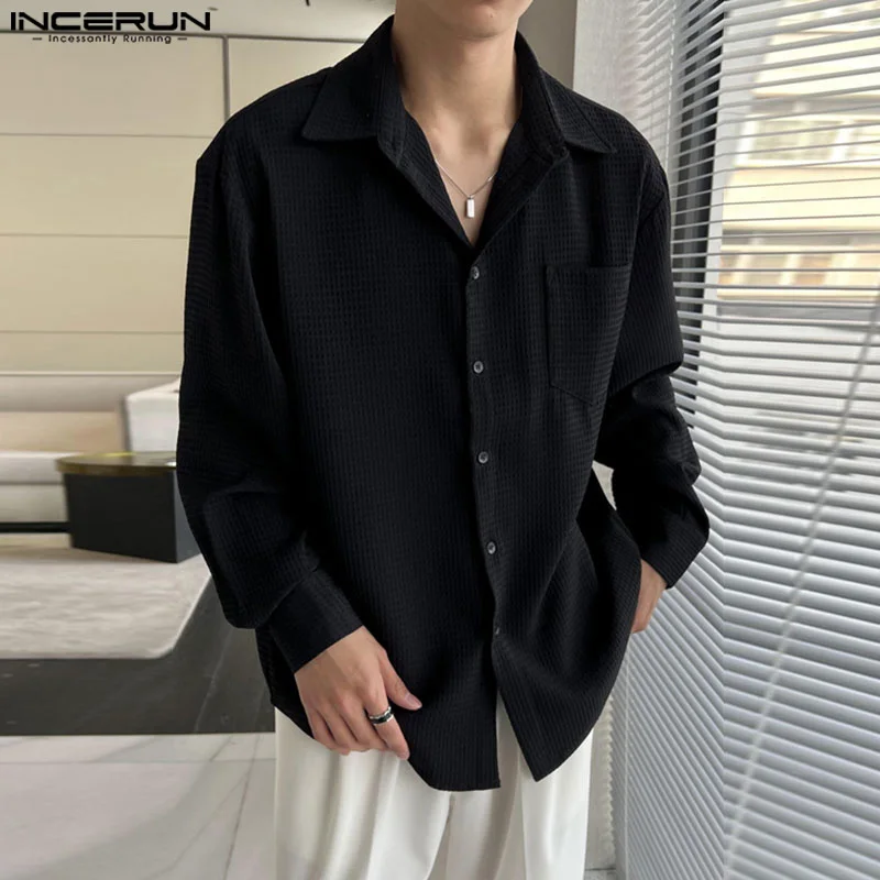 

INCERUN Men's Shirt Solid Color Lapel Long Sleeve Streetwear Button Casual Men Clothing 2024 Korean Style Loose Fashion Shirts