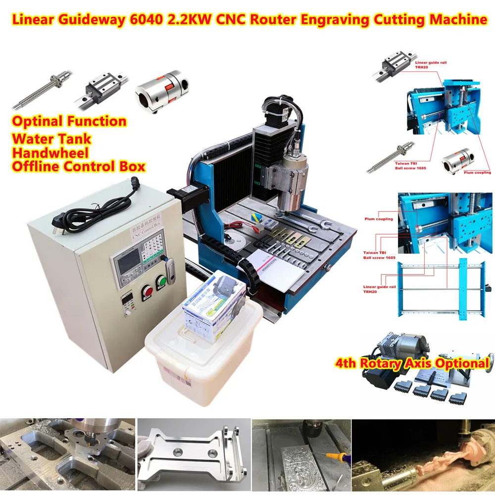 

6040 Linear Guideway Engraver 2.2KW 4 Axis Engraving Cutting Machine Cutter Water Tank Handwheel Offline Control Optional