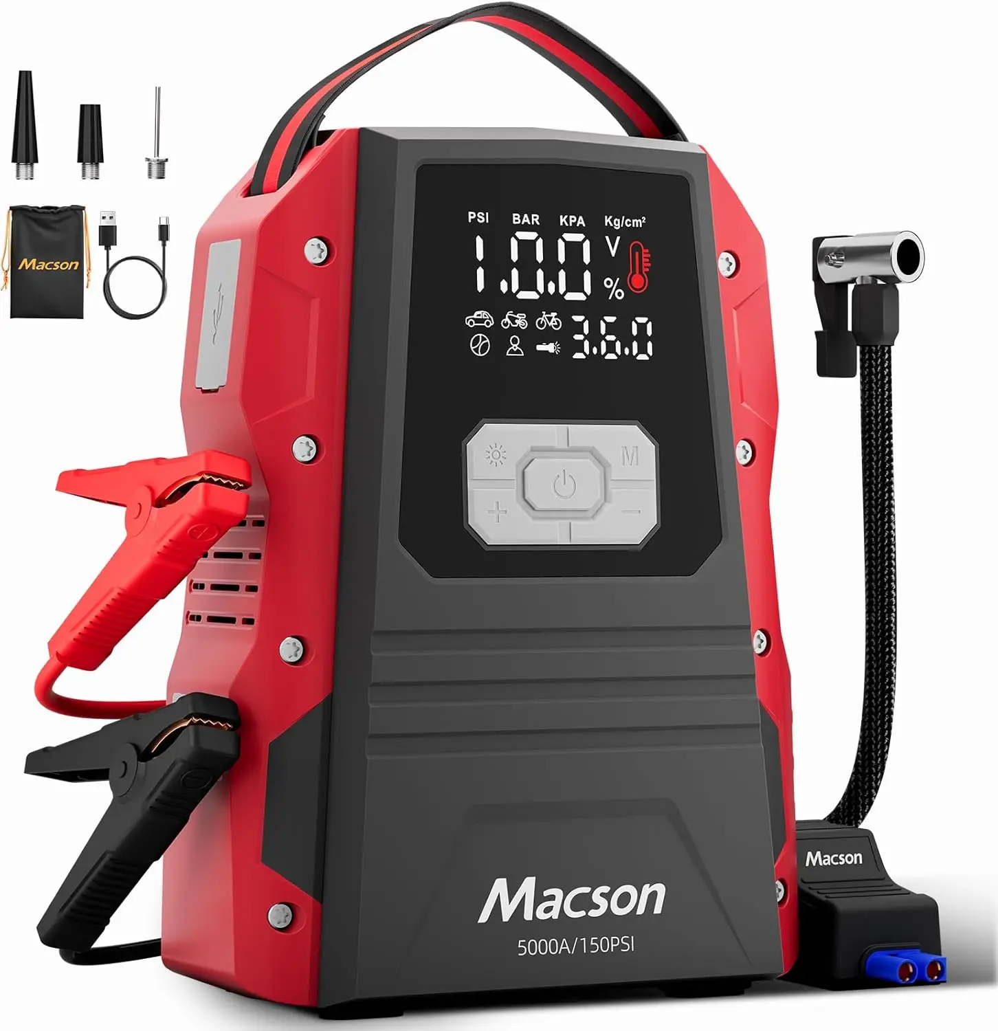 

5000A Portable Jump Starter with Air Compressor for Cars up to 9.0L Gas/8.0L Diesel Engines, Includes LED Screen and Flashlight
