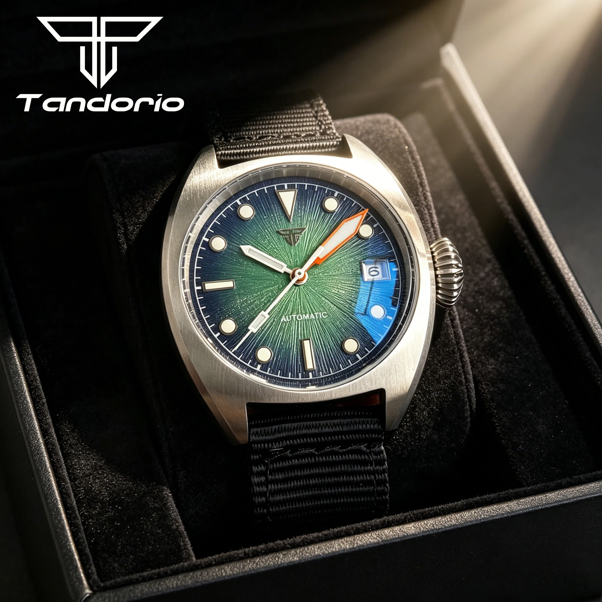 

Tandorio New 36mm Small Diver Miyota 8215 Watch for Men AR Domed Sapphire Crystal Date Steel Luminous Marks Nylon Strap 20ATM