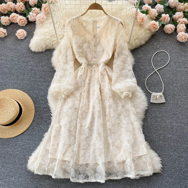 Frauen Kleider Spitze Floral EINE Linie Volle Hülse Kleid Enge Taille Elegante V-ausschnitt Vestidos Casual Taste Sommer Büro Dame