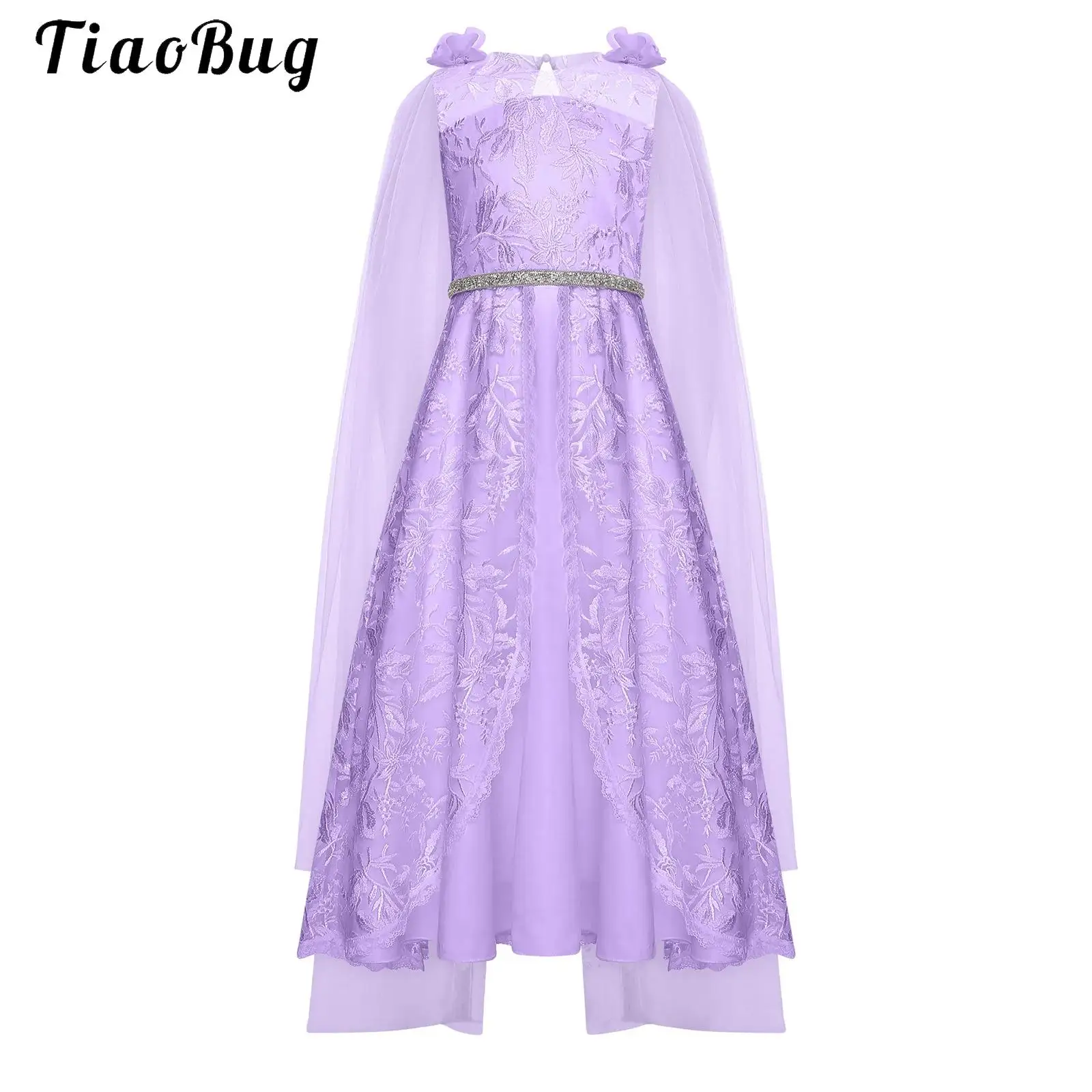 

Little Princess Girls Lace Embroidery Long Dresses Kids Flower Girl Wedding Dress Summer Birthday Party Gowns with Flowy Cape