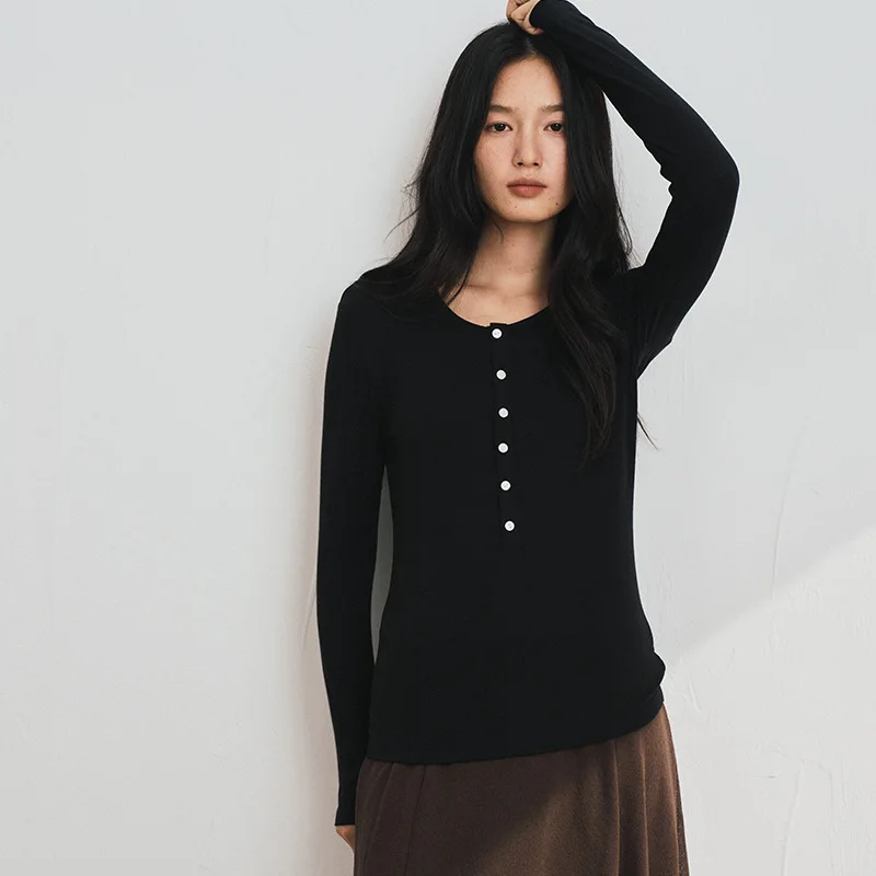 قميص أساسي من الصوف الحريري للنساء للخريف والشتاء برقبة دائرية وأزرار، قميص تريكو نحيف، لون سادة مخطط بأكمام طويلة #5