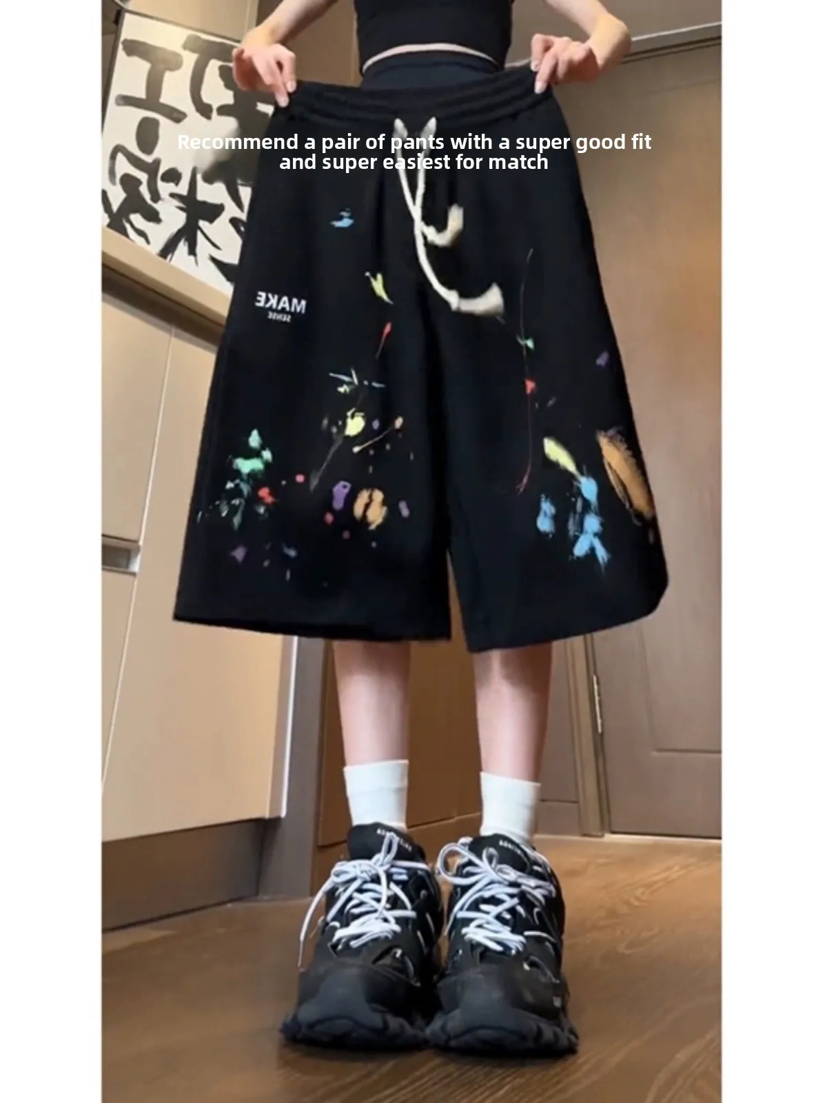 

Bla Splatter Paint Five-Quarter Sports orts for Men Summer High-End American Sle Baskeall Knee-Length Casual Pants