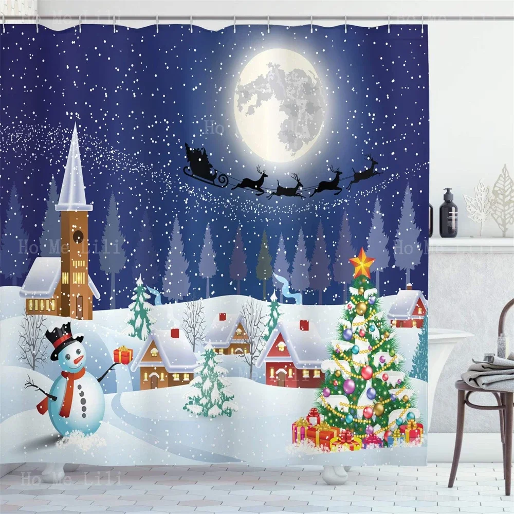 Winter Season Snowman Xmas Tree Santa Sleigh Reindeer Hovering In Winter Sky Moon Present Boxes Stars Shower Curtain