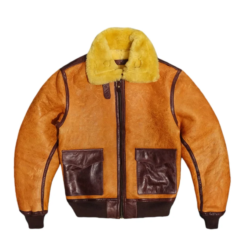 Orange Winter Shearling Jacket Men Retro Vintage Style Plus Size 5XL Genuine Natural Thick Sheepskin Military A2 Flight Coat