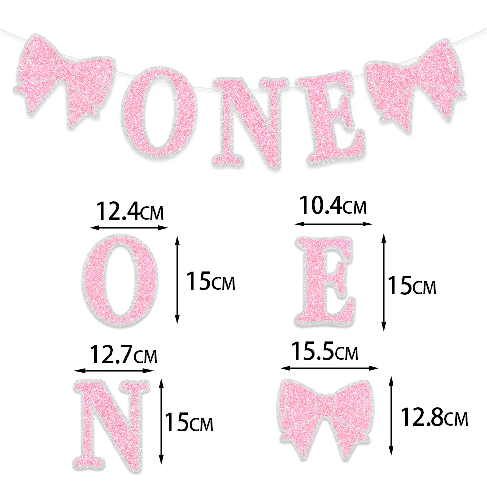 1PC 1st Kids Birthday Glittler Paper Pink ONE Bowknot Flag Baby Shower Girl Party Bow Cake Topper