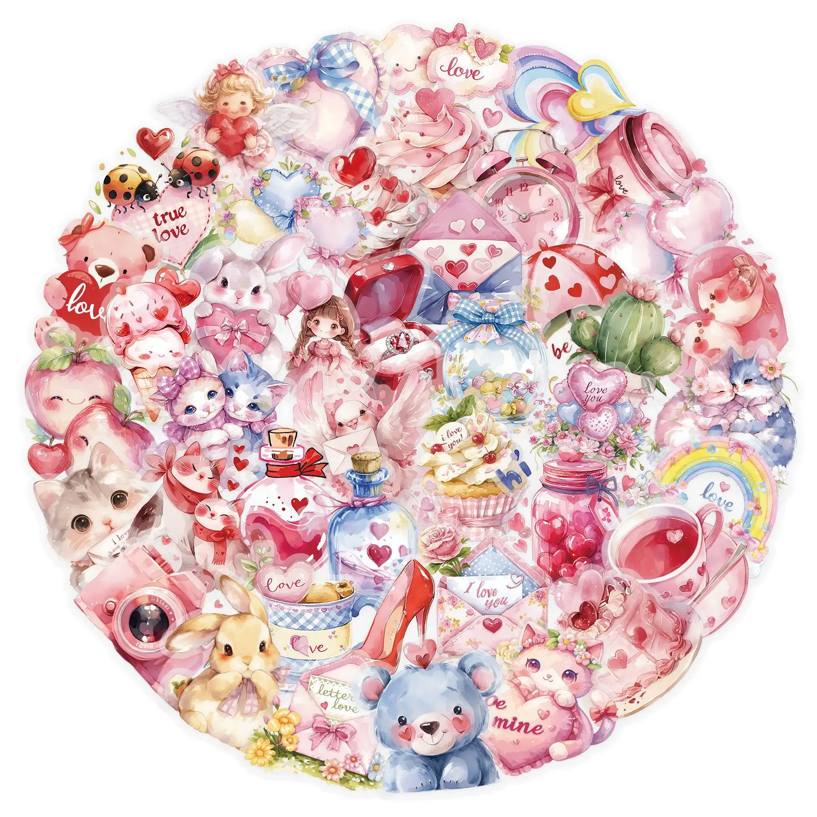 

50PCS Transparent Watercolor Valentine's Day Stickers Cartoon Doodle Waterproof Stickers Decoration Creative Notebook Water Cup