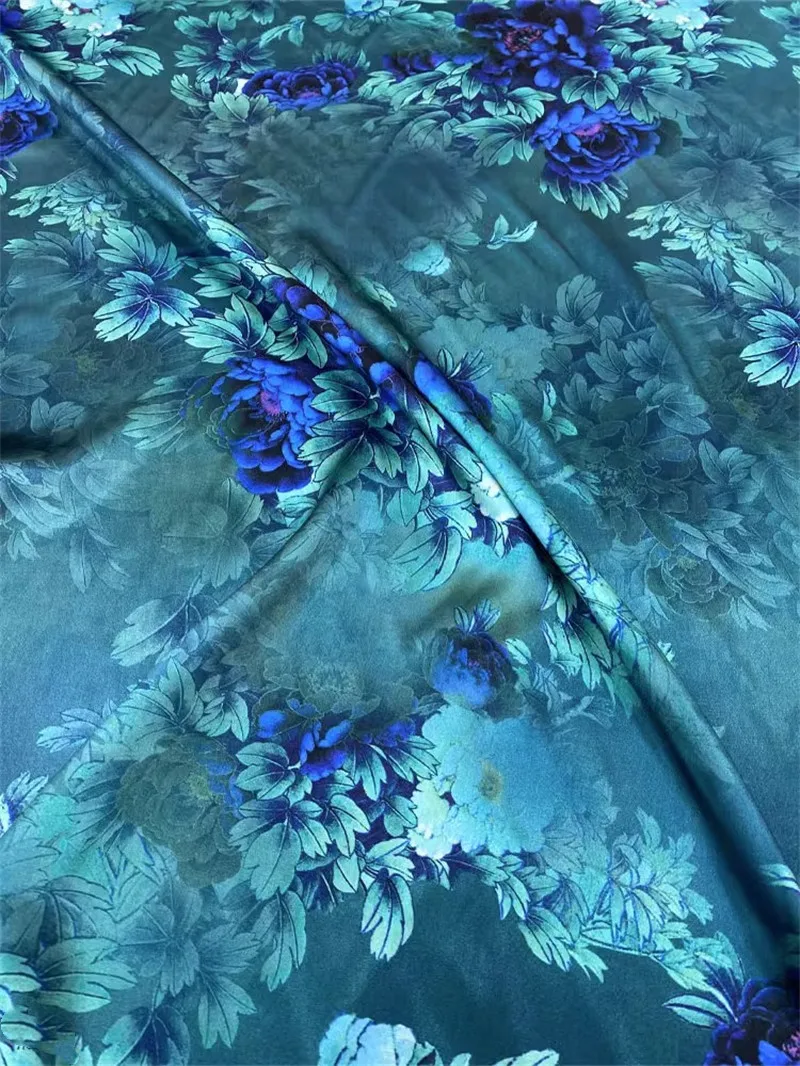 Heavyweight Satin 40 Mmm Mulberry Silk Fabric Blue Background Peony Print Thickened Pajama Dress Crepe Fabric Sewing By Meter