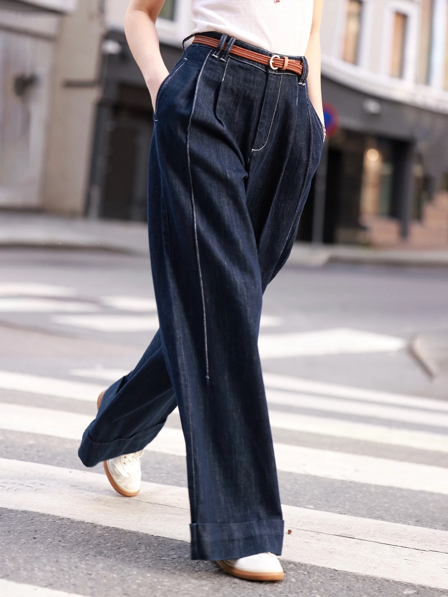 

WinnieTang High Waist Wide Leg Casual Denim Pants Silk Cotton Active Blue Retro Straight Stitch Color Blo Ladies Jeans