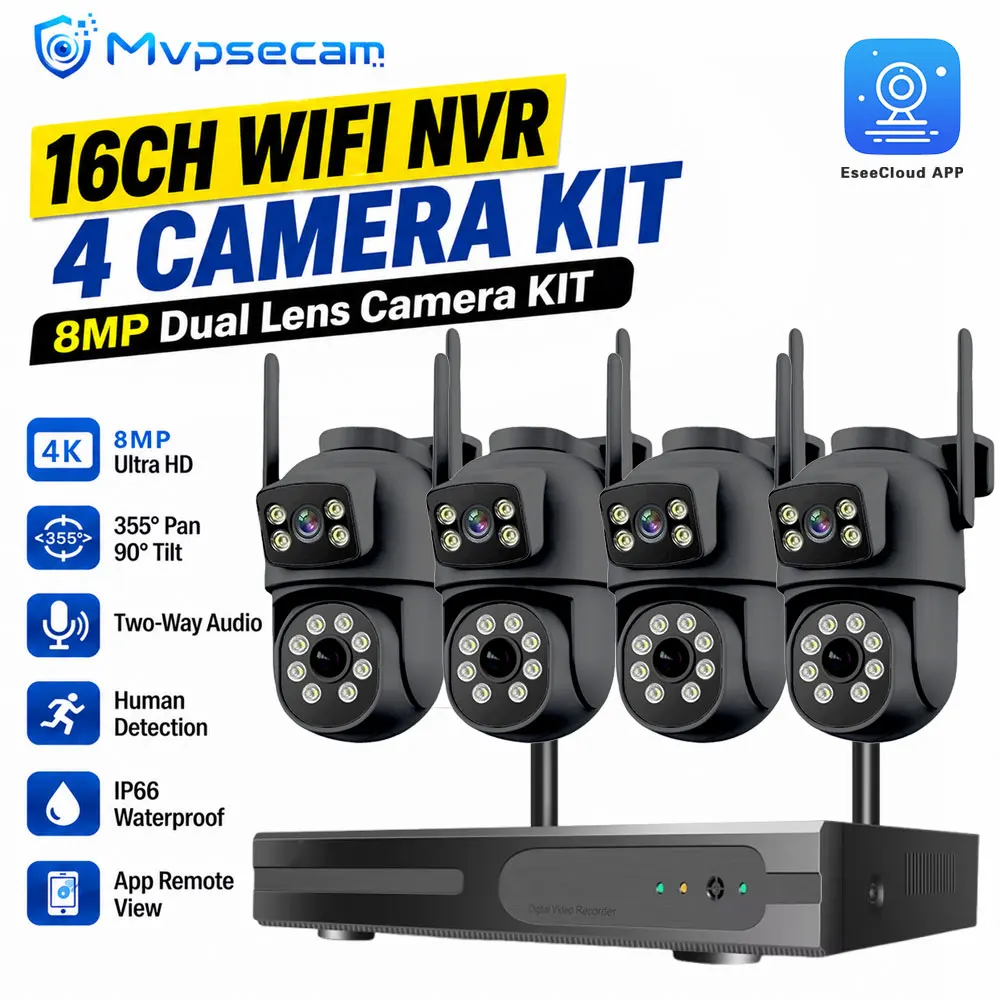 8MP Dual-Objektiv WLAN-Sicherheitskamerasystem 16CH Drahtloses NVR-Kit PTZ 355° Schwenk 90° Neigung Zwei-Wege-Audio Bewegungserkennung Farbnachtsicht IP66 Außenbereich Fernzugriff EseeCloud App