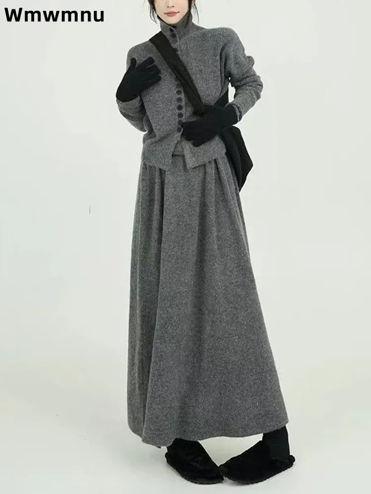 

Korean Fashion Knitted Sweater Dress Two Piece Set Fall Winter Women's Casual Thick Conjuntos Slim Top Baggy Skirt Ensemblea