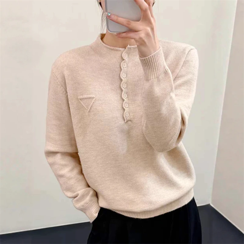 

Button Half-open Mock Neck Knitted Pullover Sweater Autumn Winter Knitwear Long Sleeve Solid Loose Casual Bottoming Shirt Tops