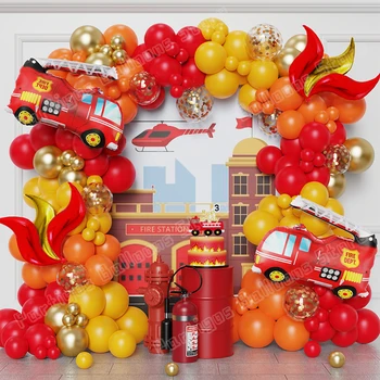 Brandweerman Thema Ballon Garland Boog Rood Geel Oranje Confetti Latex Ballon Jongens Verjaardagsfeestje Baby Shower Brandweerwagen Glob