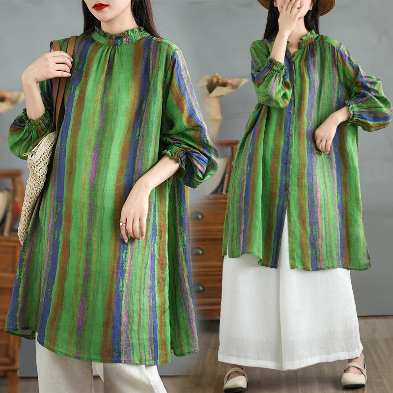 

Женская тонкая верхняя одежда средней длины с ретро-принтом, в полоску, с воротником-стойкой, с длинным рукавом, с разрезом, свободного кроя, в стиле «фонарь», для повседневной носки