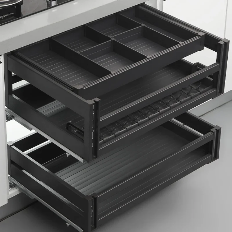 Pulling basket kitchen cabinet, single-layer drawer type partition tool, pull-out aluminum alloy bowl and