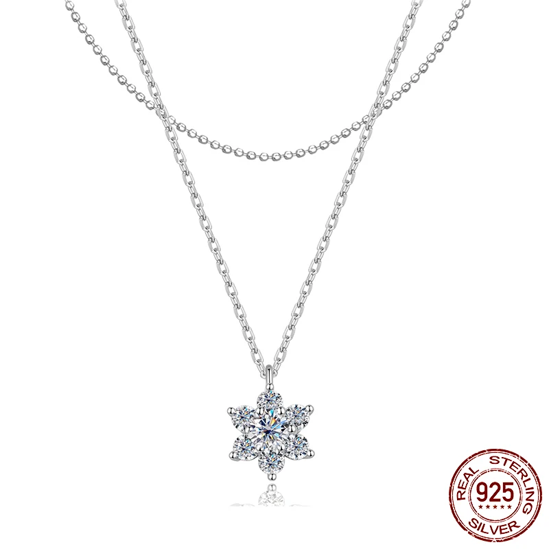 

WOSTU двухслойное ожерелье с цветком муассанита для женщин, D-цвет, лабораторный бриллиант, цепочки из стерлингового серебра 925, подарок на день Святого Валентина